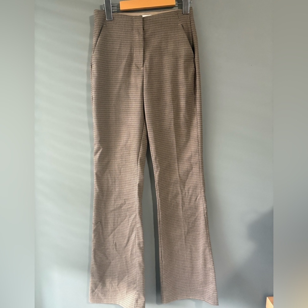 H&M size 2 Tan Wide Leg Plaid Effortless Coffee Business Women's Pants - Picture 2 of 8